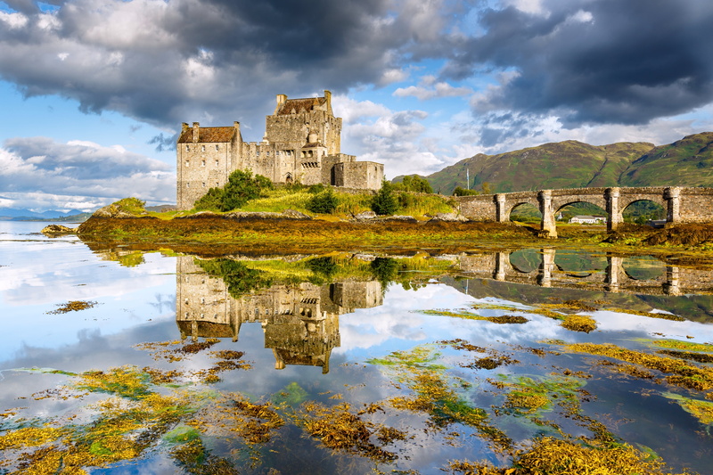 travel destinations, no people, Eilean Donan Castle, reflection, Dornie, old, day, history, sky, Dorn, Scotland, 4K, ancient, building, architecture, nature
