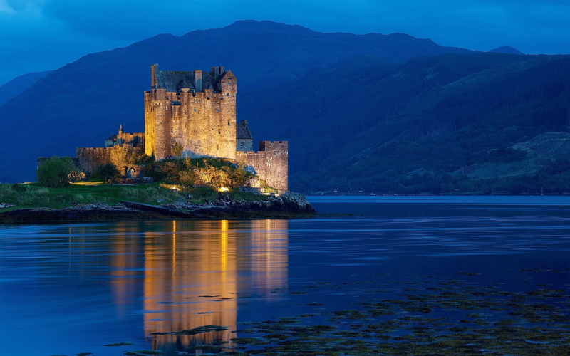 night, light, water, dornie, scotland, hour, hills, kingdom, 1080P, lights, blue, united, mountains, castle