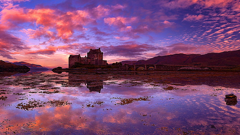 sunset, europe, kyle of lochalsh, cloud, castle, dornie, united kingdom, 4K, scotland, sky, reflection, pink sky, eilean donan castle, mirror, watar