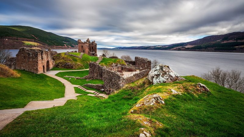 1080P, Urquhart Castle, nature, clouds, hill, landscape, ruins, Scotland, UK, lake
