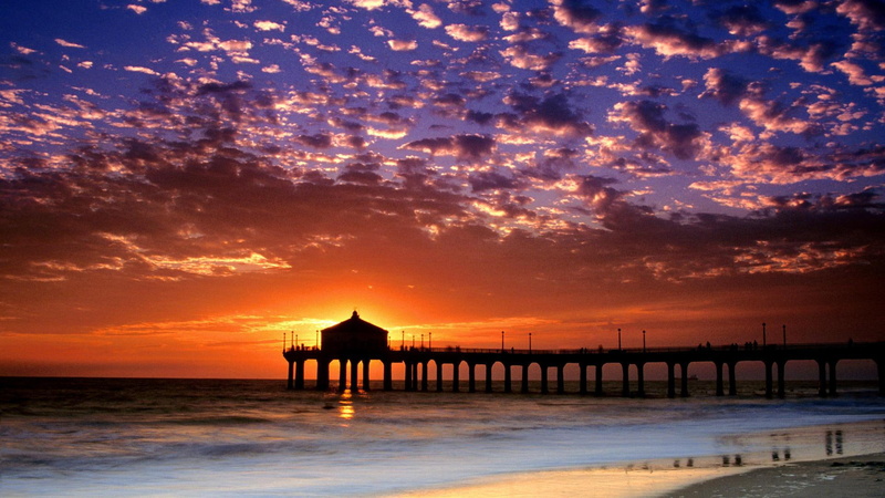 sunset, nature and landscapes, manhattan, clouds, pier, beach, sky, colorful, 1080P