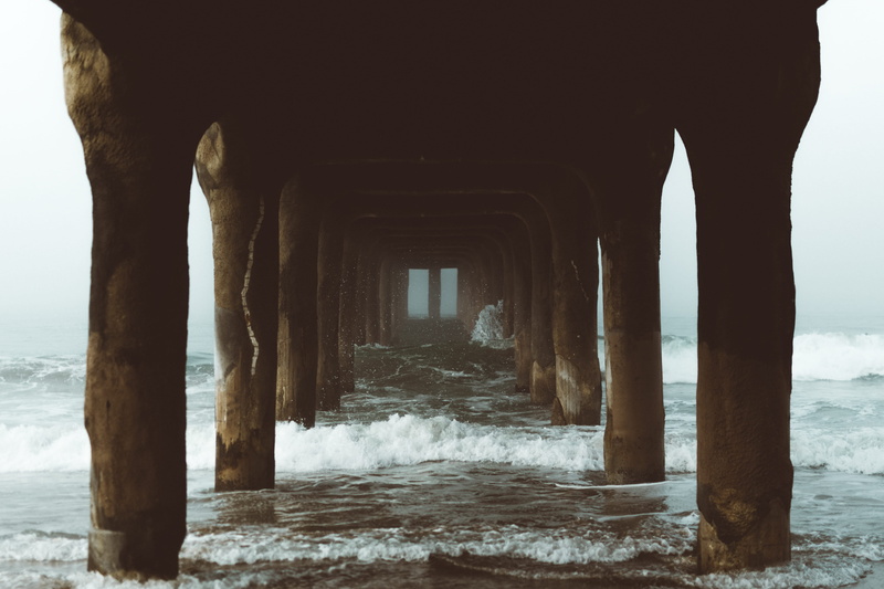 motion, horizon, nature, posts, outdoors, la, wave, day, land, surf, aquatic sport, sea, dock, no people, cold temperature, los angeles, fog