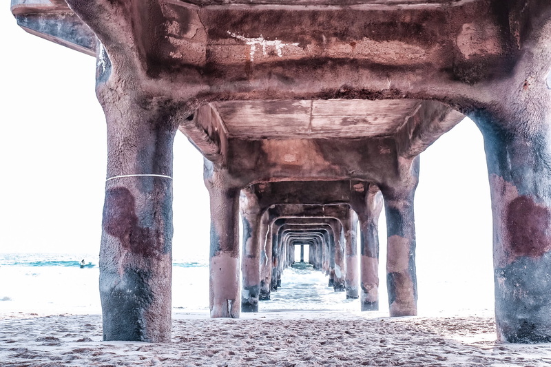 ocean, sky, pier, clear sky, built structure, water, under pier, arch, sea, no people, beach, land, the way forward, nature, underneath, united states