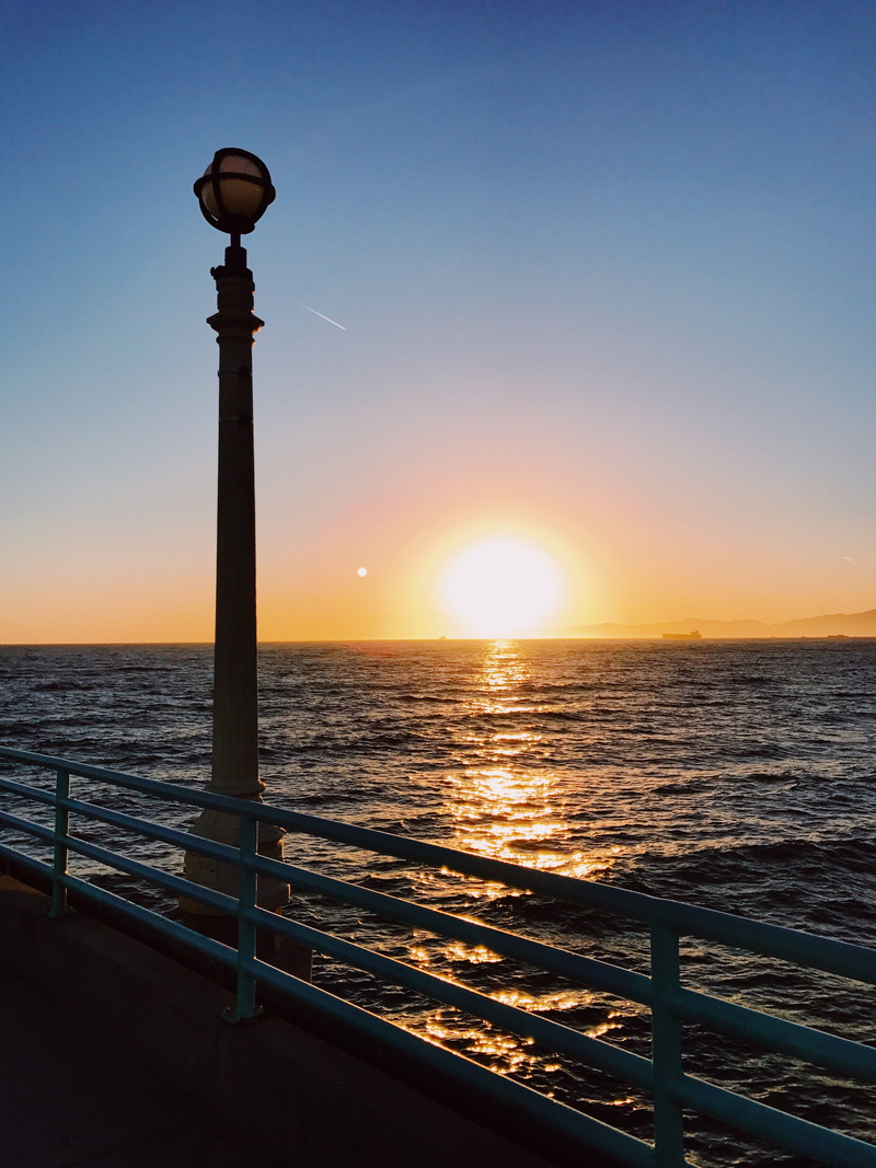 outdoors, pier, united states, nature, water, rail, tranquility, beach, no people, horizon, railing, purple, sun, dusk, lighting equipment, manhattan beach pier