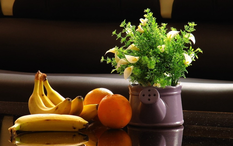 still life, green Color, bananas, wellbeing, table, citrus fruit, food, wood - Material, gourmet, indoors, vegetable, yellow, oranges, nature, plant, watering can