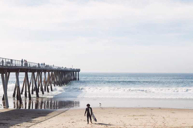 scenics - nature, land, surfer, pier, ocean, one person, sand, nature, waves, sea, tranquil scene, water, tranquility, 5K, horizon over water, united states