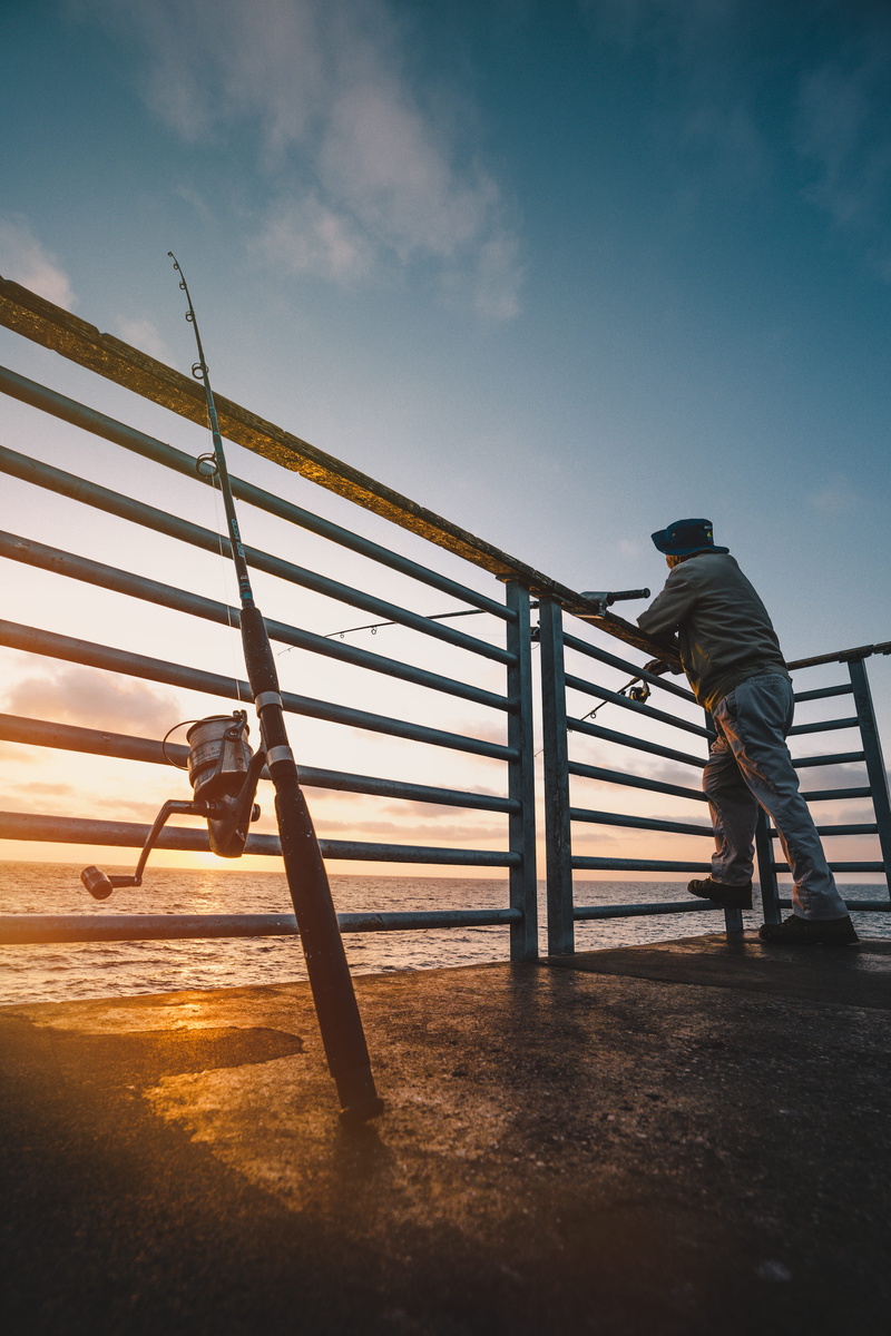 people, hermosa beach, fishing pole, handrail, man, occupation, united states, lifestyles, sunset, hat, childhood, men, working, ocean, full length, human