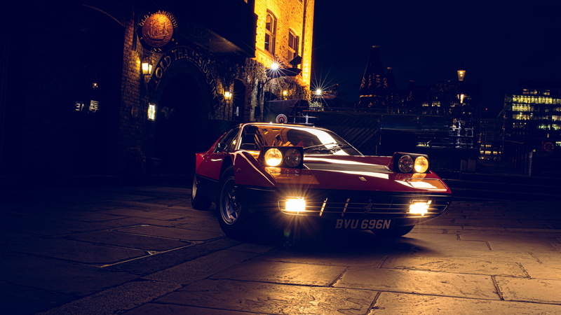 2K, London, Ferrari 365 GT/4 BB, red cars, Ferrari Berlinetta Boxer, night, pop-up headlights, italian cars