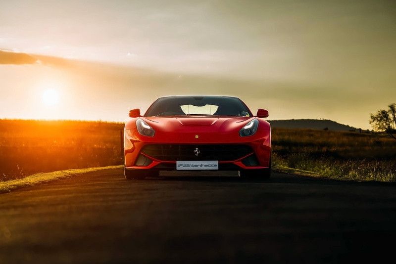 Red, nature, Berlinetta, 1080P, landscape, land, car, cloud - sky, Africa, Front, land vehicle, Sunset, Ferrari, F12, no people, outdoors, sky, road, field