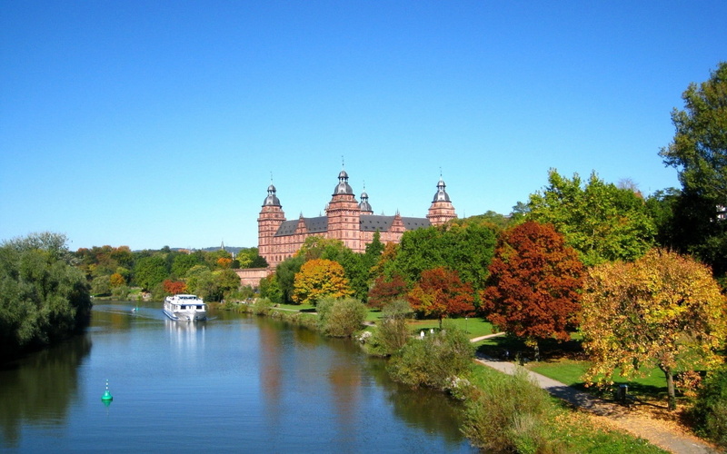 Germany, Bavaria, tree, plant, City, River, Trees, Aschaffenburg, sky, blue, water, Ship, architecture, Road, place of worship, outdoors, nature, 720P