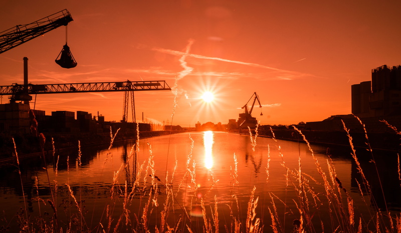 aschaffenburg, nature, 5K, water, reflection, sky, crane - construction machinery, silhouette, building exterior, sun, no people, orange color, built structure