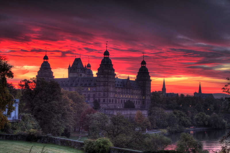 architecture, red, beside, sunset, dusk, history, europe, body, orange, sky, plant, twilight, building Exterior, castle, cloud - sky, tree, 4K, mood, orange color