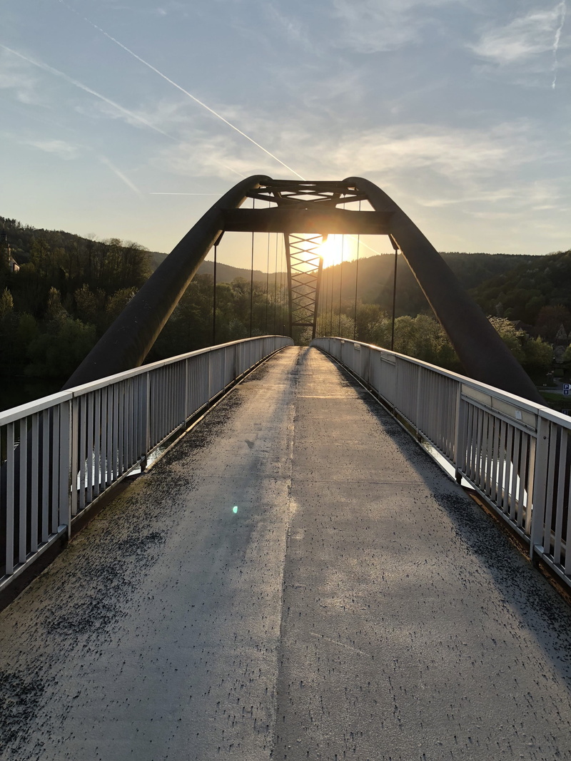evening sky, forest, arch, connection, swiss francs, germany, bridge construction, suspension bridge, footbridge, aschaffenburg, built structure, main area