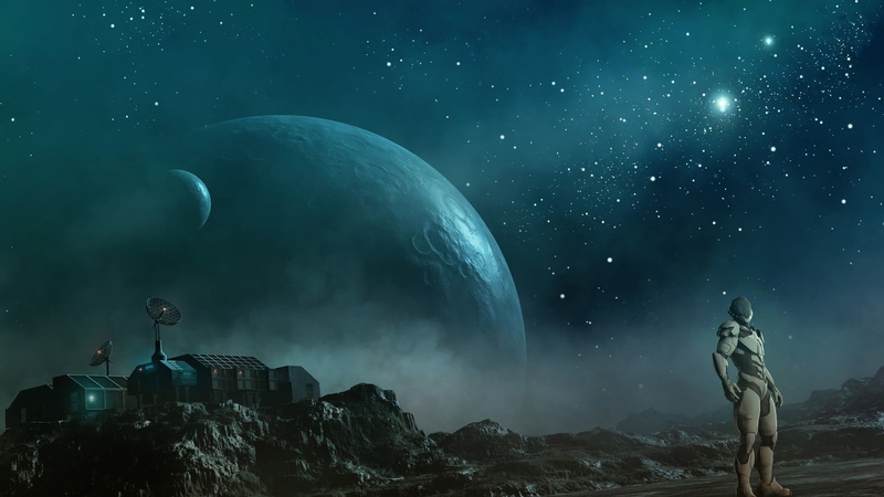 space station, rock, night, sky, moon, rock - object, milky way, standing, planet - space, nature, astronomy, tranquility, people, rock formation, digital composite