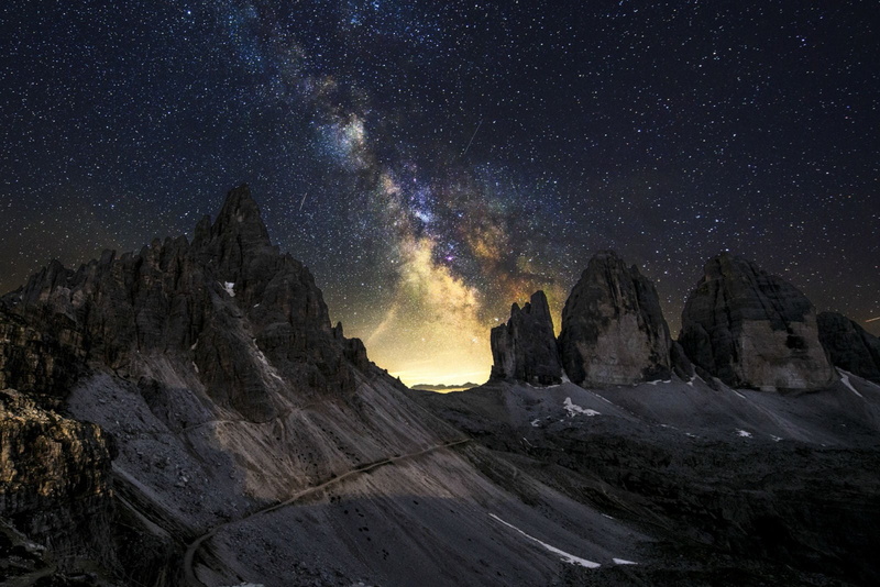 astronomy, solid, sky, tranquil scene, rock formation, infinity, space, milky way, nature, scenics - nature, star - space, night, mountain peak, star, galaxy