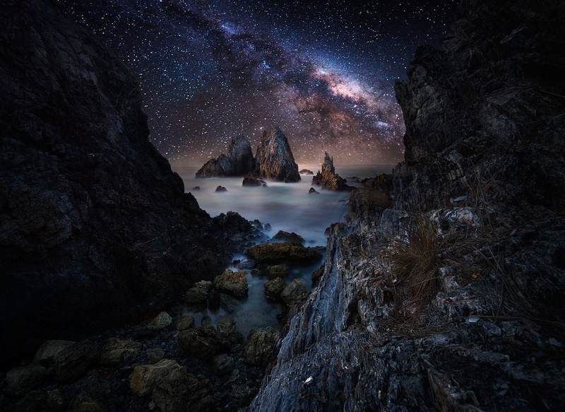 star - space, water, space, cliff, nature, astronomy, nebula, no people, rock - object, scenics - nature, tranquil scene, mountain, tranquility