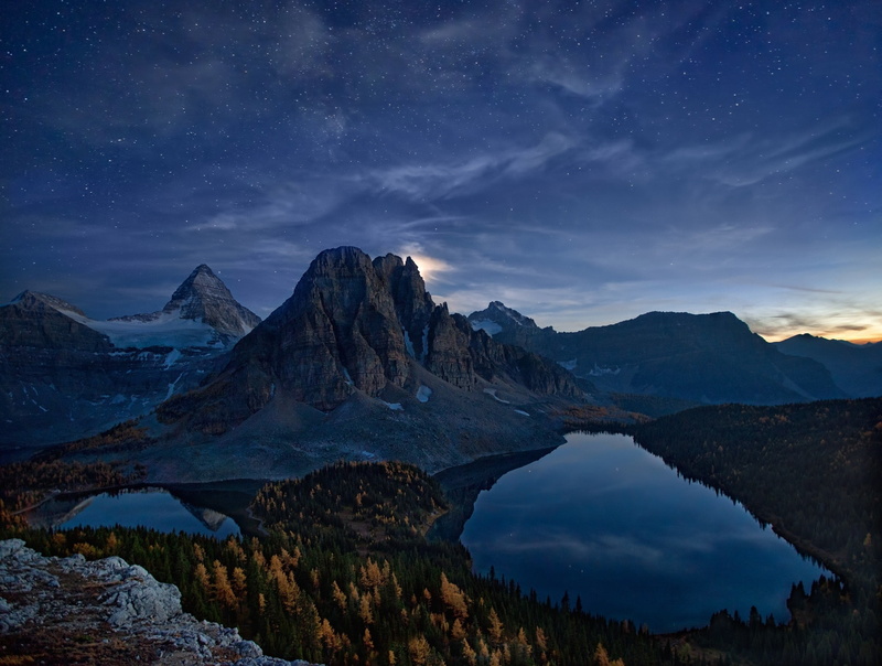 lake, star - space, fall, sky, environment, Canada, starry night, water, snowcapped mountain, beauty in nature, space, galaxy, tranquility, forest, mountains