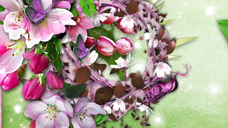 purple, summer, green, firefox persona, flowers, pink, 3d and abstr, spring, tulips, foliage, butterfly, 1080P