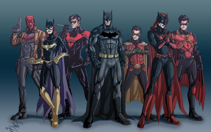 men, Red Hood, studio shot, front view, Batgirl, Batman, human representation, lifestyles, side by side, adult, young adult, clothing, togetherness, young men