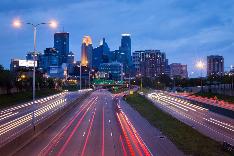 1080P, illuminated, city, building, skyscraper, street, urban, timelapse, built structure, traffic, motion, long exposure, Minneapolis, financial district