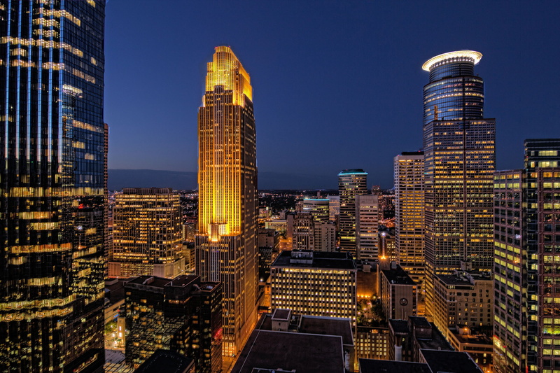 1080P, minneapolis, lighting, houses, blue, buildings, sky, lights, skyscrapers, night, minnesota