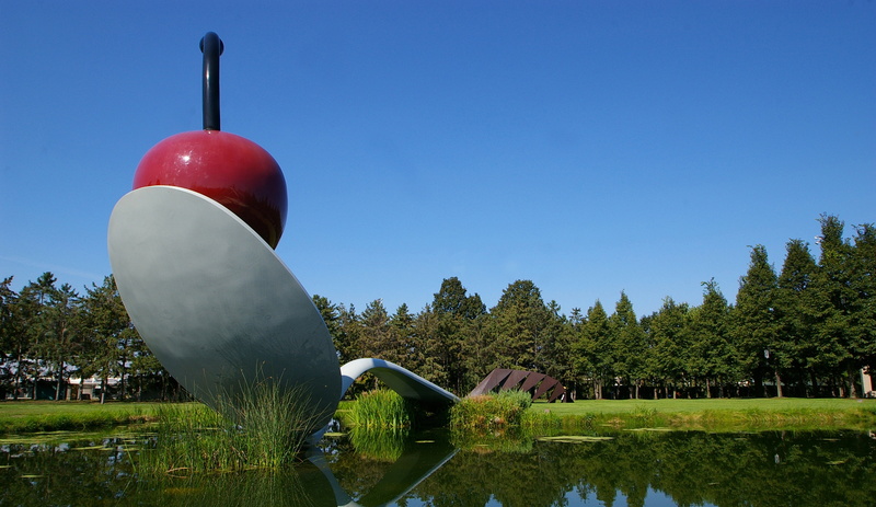 outdoors, sky, scenics - nature, red, growth, beauty in nature, minnesota, balloon, green color, sculpture, minneapolis, day, walker art center, tree, blue