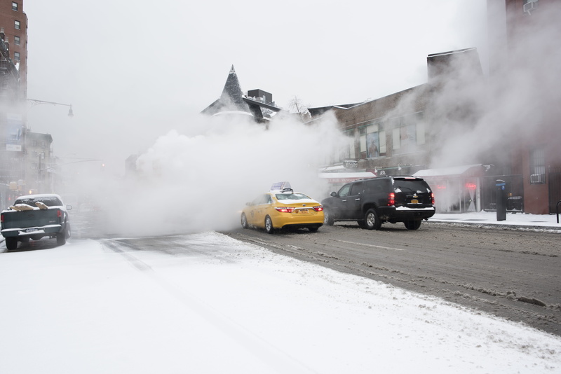 buildings, city, united states, west village, smoke, street, incidental people, cold temperature, nyc, smoke - physical structure, neon, land vehicle, red light