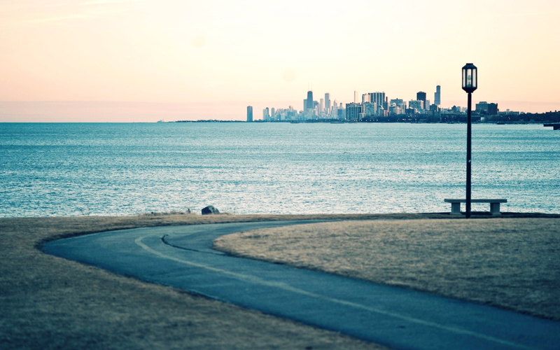 post, built structure, urban skyline, landscape, outdoors, building, sky, street light, lantern, cityscape, tranquility, land, black, bench, Evanston, Illinois