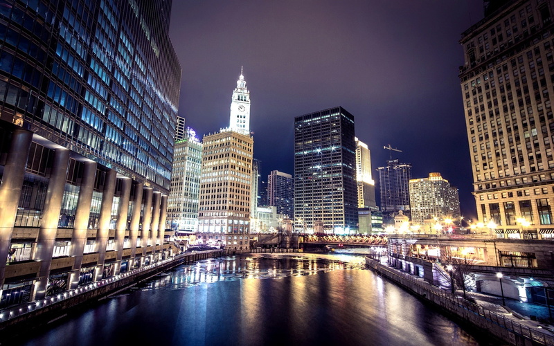 Buildings, 1080P, USA, Lights, Chicago, City, Skyscrapers, River, Illinois