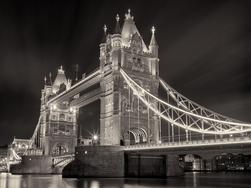 bw, tower, bridge, hd, architecture, night, 2K, london, lights