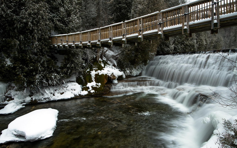 river, waterfalls, 1080P, hd, pictures, bridge, waterfall, winter, landscape
