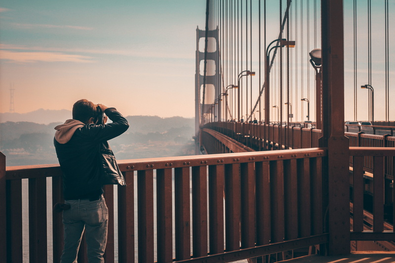 leather, rear view, man, jacket, sky, three quarter length, women, picture, nature, wearing, camera - photographic equipment, urban, vertical, standing