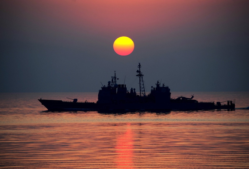 USS Mobile Bay (CG-53), Navy, Military, 1080P, Silhouette, Warships, United States Navy, Sunset, Guided Missile Cruiser, Ship
