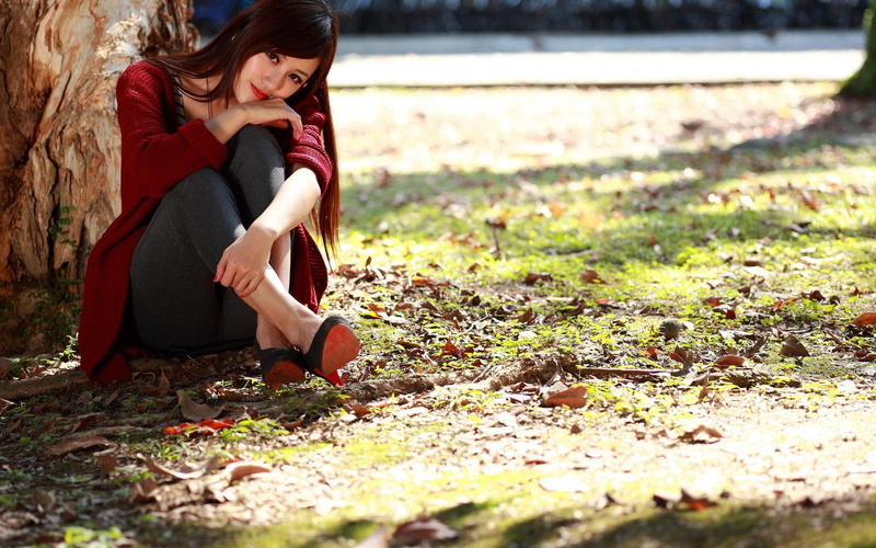 women, tree, girl, woman, sitting, long, pants, sleeve, outfit, girls, s, 1920x1200, red, blouse, grey, 1080P