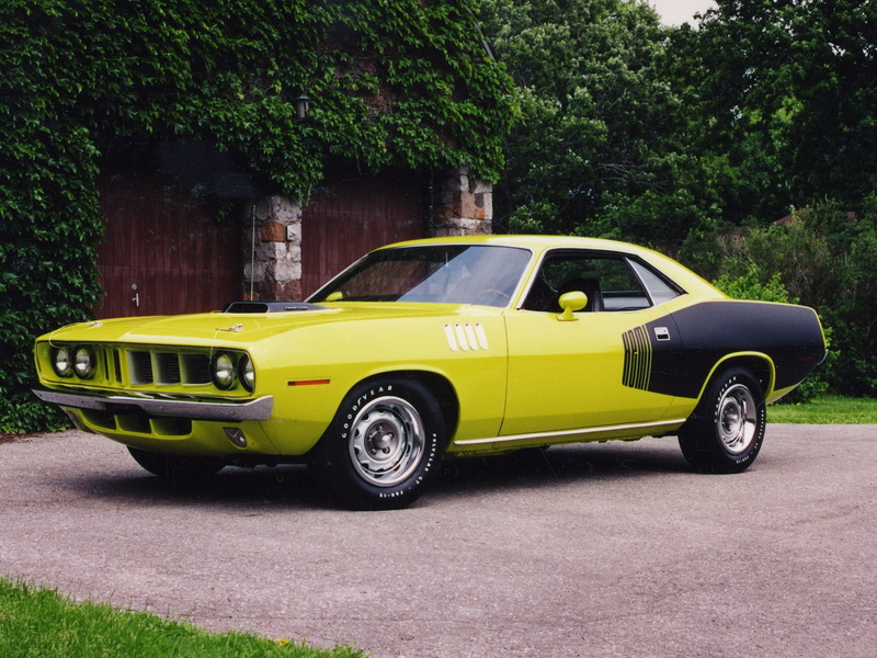 muscle car, gate, yellow, WHERE, 1971, yellow black, shrub, black, side view, 1080P, CUDA, hemi, the fence, Plymouth