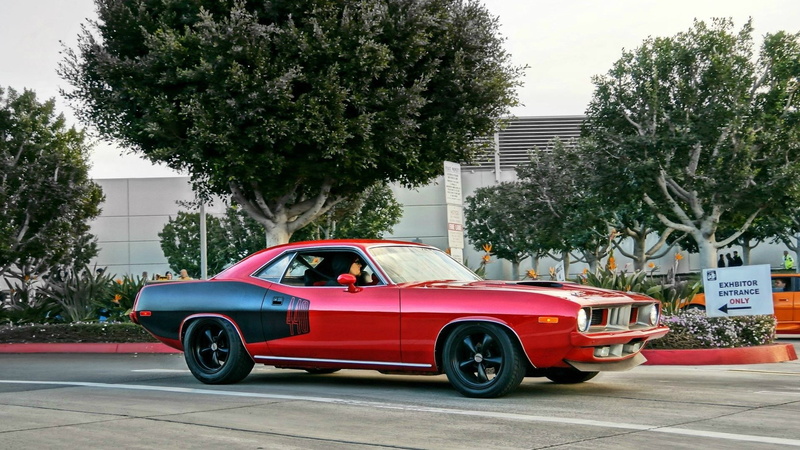 architecture, red, Plymouth Barracuda, 1080P, nature, luxury, mode of transportation, no people, car, outdoors, transportation, building exterior, plant
