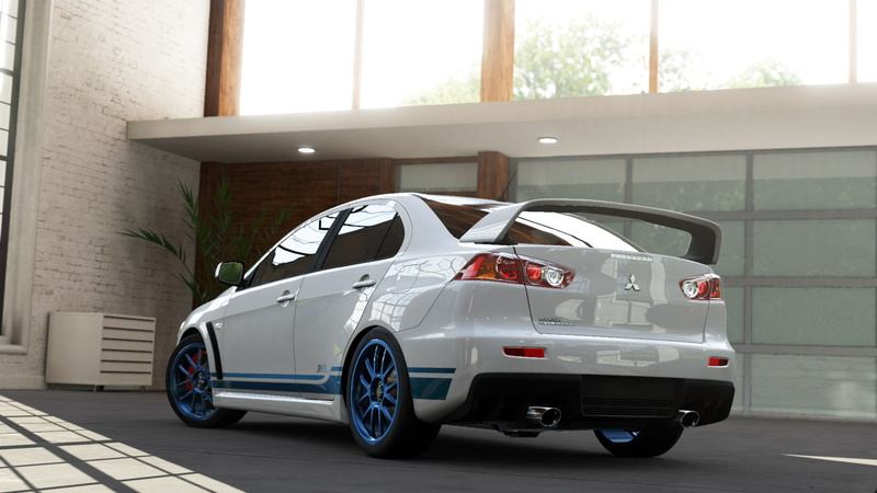 Mitsubishi Lancer Evolution X, stationary, Forza Motorsport 5, building, city, nature, motion, travel, built structure, modern, transportation, day, indoors