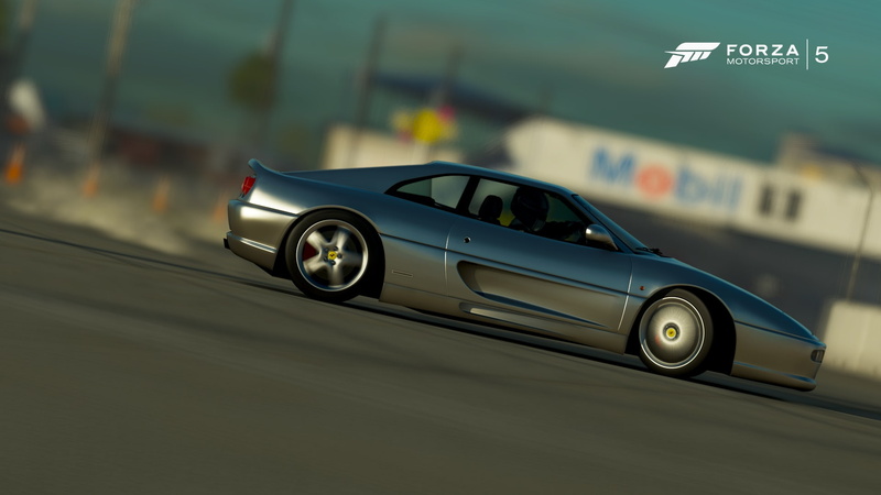 Forza Motorsport, car, outdoors, retro styled, depth of field, transportation, Ferrari 355, vehicle, focus on foreground, day, speed, close-up, land vehicle