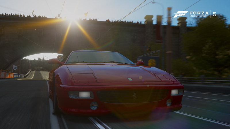 1080P, lens flare, Ferrari 355, car, red cars, Ferrari, Forza Motorsport 5, video games, Forza Motorsport