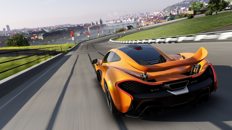 land vehicle, road, car, outdoors, motor vehicle, motion, 1080P, motor racing track, building exterior, architecture, game, hd, yellow, day, travel, mode of transportation