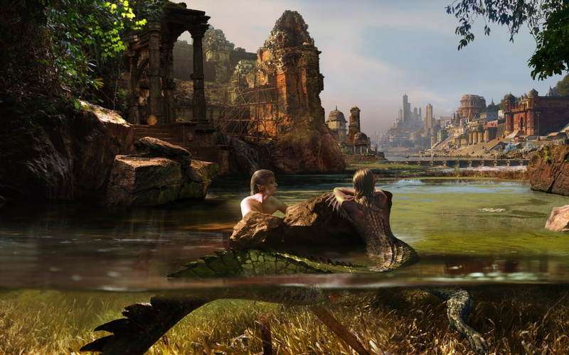 siren, water, ruin, Mermaids, vara, fantasy, 720P, summer, art, mermaid, girl
