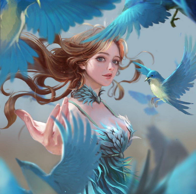 closeup, adult, fish, beautiful woman, hand, bird, young women, luminos, white, girl, 1080P, fantasy, marine, lana g, animals in the wild, blue, sea, vertebrate