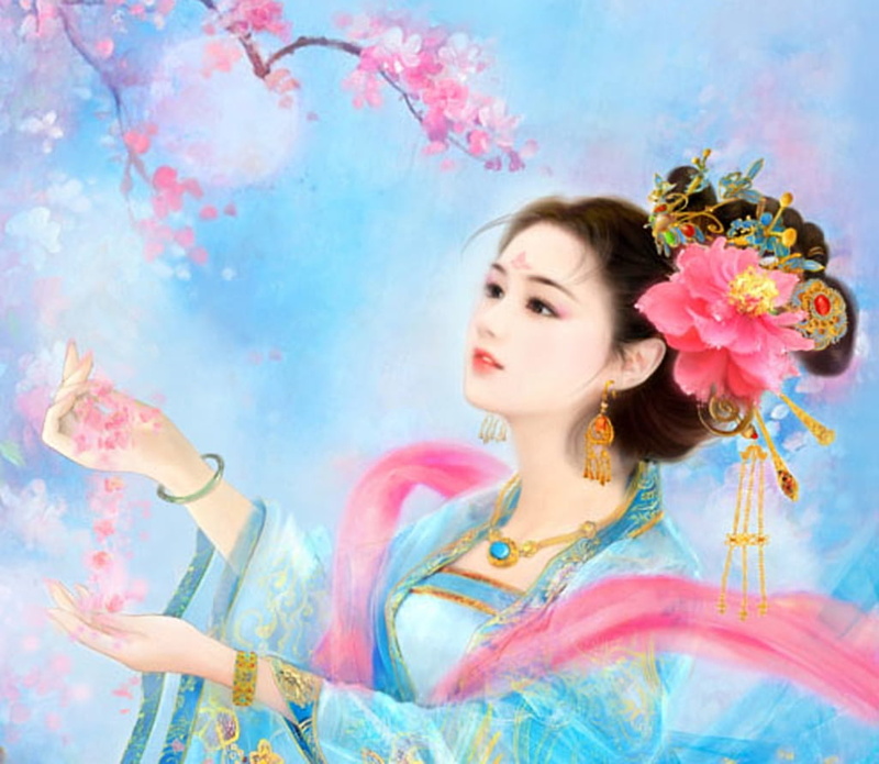 480P, Chase the moon, blossom, dinglaura, asian, frumusete, beauty in nature, girl, portrait, contemplation, beauty, petals, women, adult, nature, luminos
