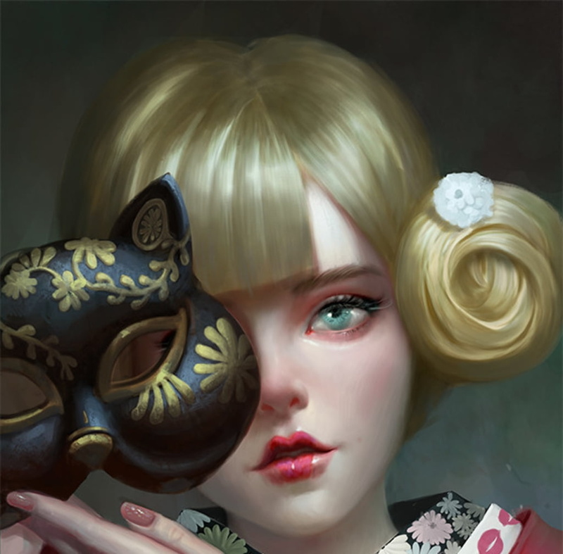 :-), one person, face, studio shot, blond hair, 480P, young women, beautiful woman, women, mask, close-up, lipstick, pisica, jinlong bai, hair, blonde