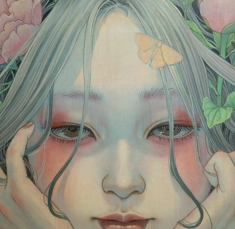 hand, 480P, asian, chalk, luminos, eyes, blue, frumusete, fantasy, pink, art, face, mihohirano, girl, Waiting
