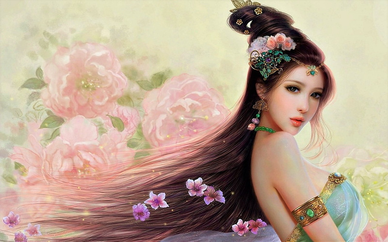 young adult, Princess, peony, asian, portrait, young women, fashion, 720P, nature, pink color, flower, plant, make-up, springtime, one person, hair, beauty in nature