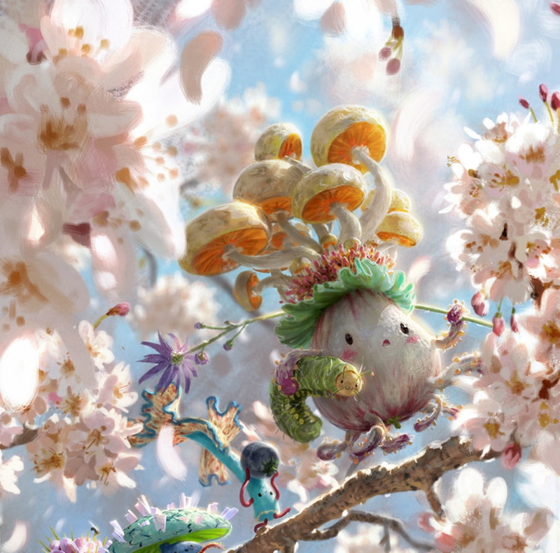 close-up, Saproling, creativity, art and craft, blossom, mushroom, animal themes, sakura, sprink, flowering plant, plant, fantasy, pink, flower, no people