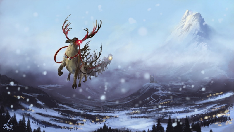 reindeer, fantasy, animal, rudolf, cold temperature, sky, santa, close-up, tree, water, no people, snow, frozen, art, christmas, reflection, 720P, focus on foreground