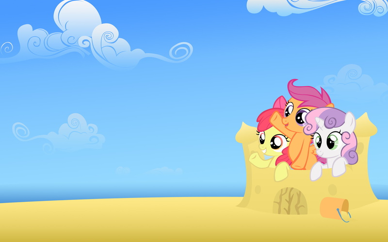 Apple Bloom, My Little Pony, 2K, clouds, yellow, blue, Scootaloo, sand, sweetie belle, sky