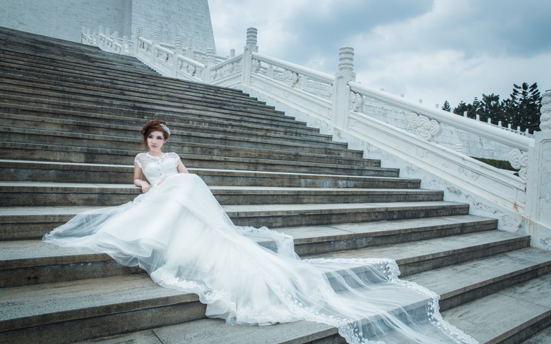 White, Bride, Dress, Stairs, Wedding, Girl, 2K